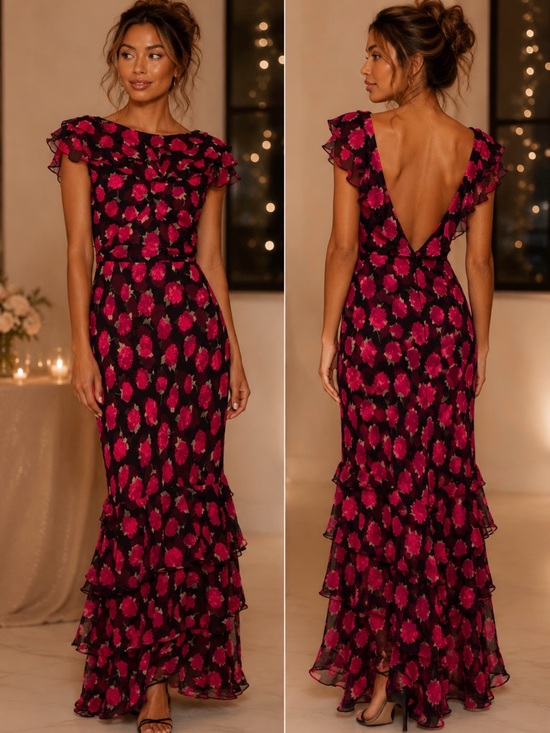 RIXO Dresses & Skirts - RIXO Black Maxi Dress with Fuchsia Floral Print